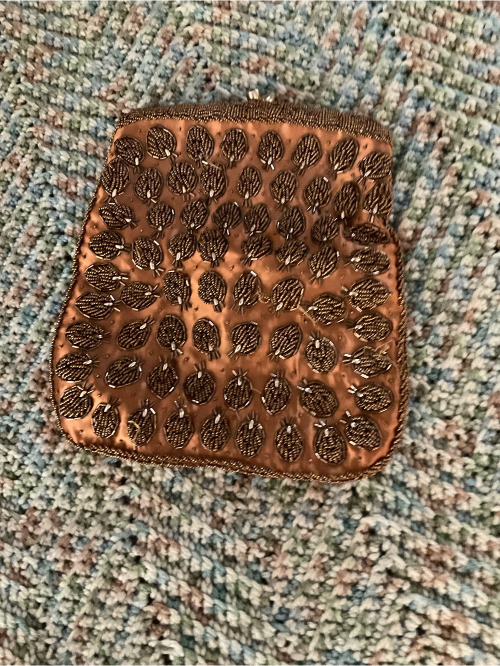 10-2026- VINTAGE Beaded Bronze Evening Clutch with Leaf Motif